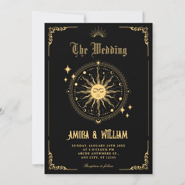 Convite Casamento símbolo arte boho sol lua antigo (Frente)