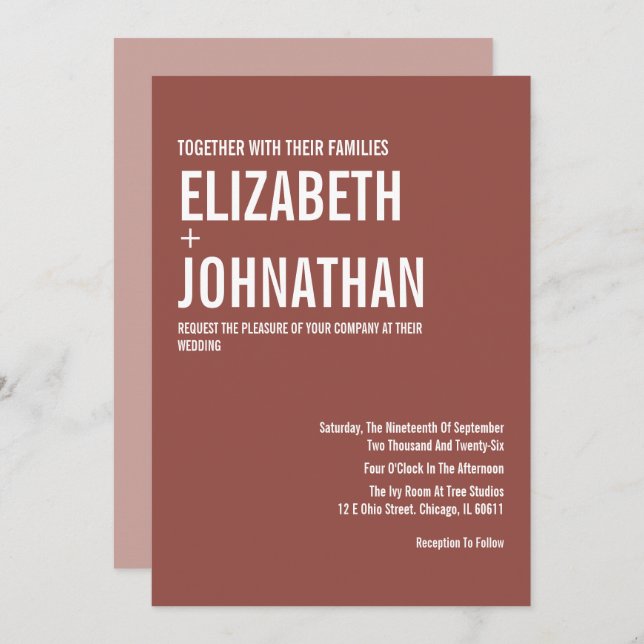 Convite Casamento Simple Boho Dusty Rosa Tipografia (Frente/Verso)