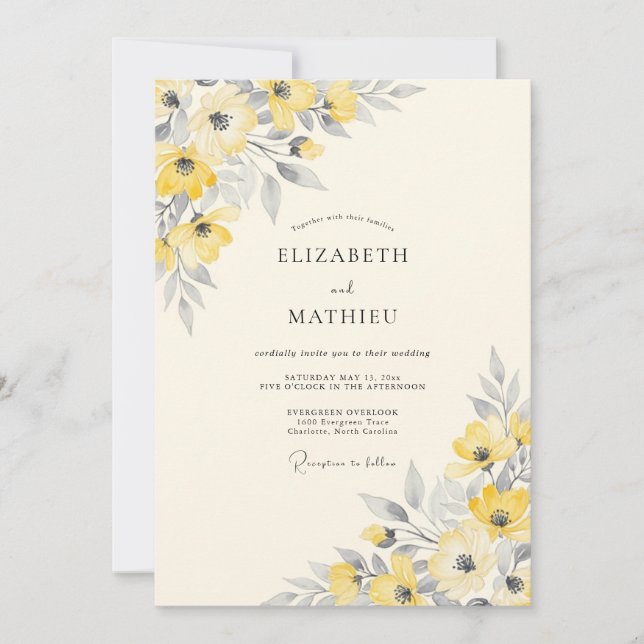 Convite Casamento Simples Amarelo Prata na Primavera (Frente)