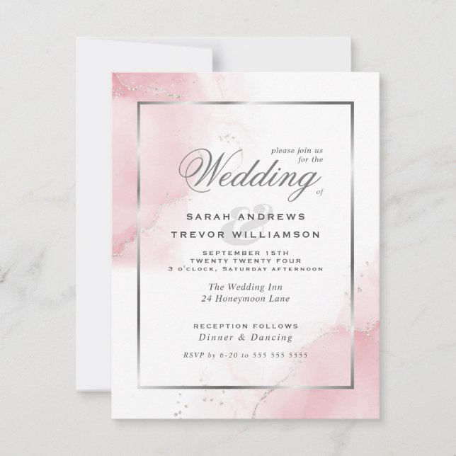 Convite Casamento Simples Bege Rosa Prata Abstrato (Frente)