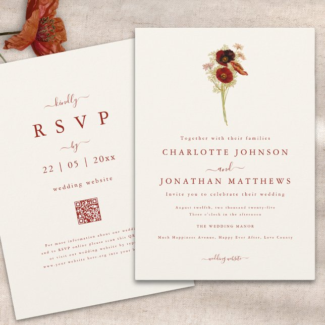 Convite Casamento Simples Boho de Flores Silvestres de Out (Simple wildflower burnt orange script wedding invitation with wedding website qr code)
