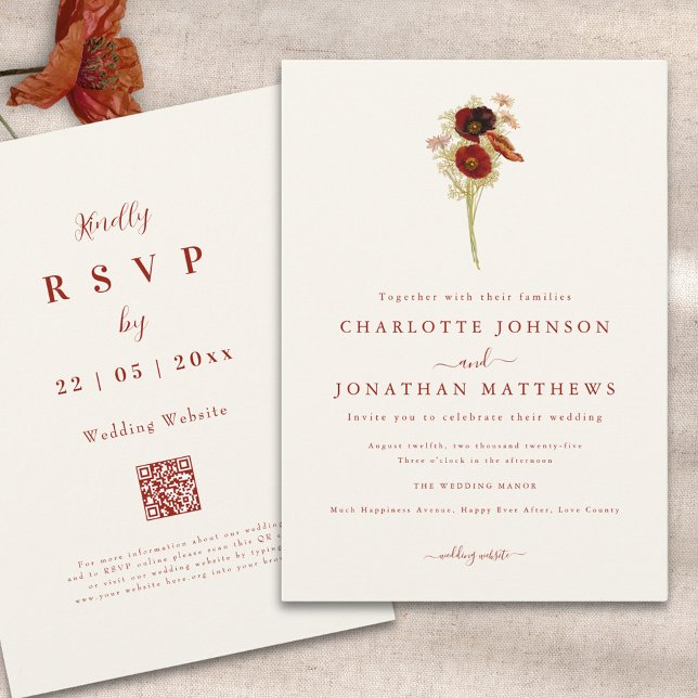 Convite Casamento Simples Boho de Flores Silvestres de Out (Minimalist boho wildflower fall wedding qr code invitation )