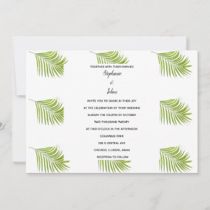 Convite Casamento Simples Branco Verde Padrão Palm Folha