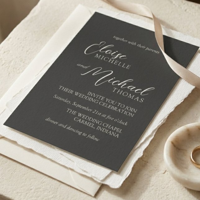 Convite Casamento Simples Carvão Escrito Clássico (Simple Charcoal Classic Script Wedding Invitation)