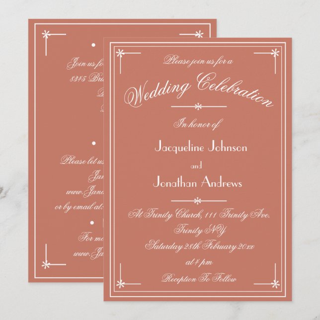 Convite Casamento Simples Clássico Terracota Branco Tudo E (Frente/Verso)