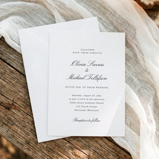 Convite Casamento Simples Clássico Tradicional de Família  (Traditional black and white wedding invitation with classic calligraphy and formal typography)