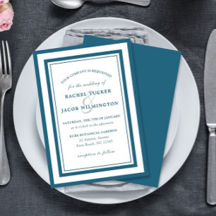Convite Casamento Simples com Borda Azul e Patina Moderna