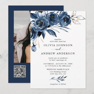 Convite Casamento Simples com Código QR e Foto de Flores A