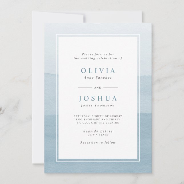Convite Casamento Simples com Efeito Ombre em Aquarela Azu (Frente)