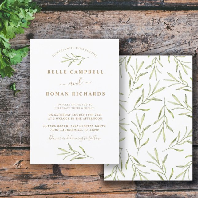 Convite Casamento Simples com Folhagem Verde e Branco (Criador carregado)
