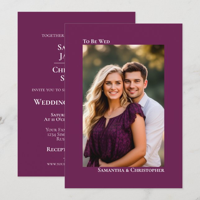 Convite Casamento Simples com Foto Vertical em Magenta Plu (Frente/Verso)