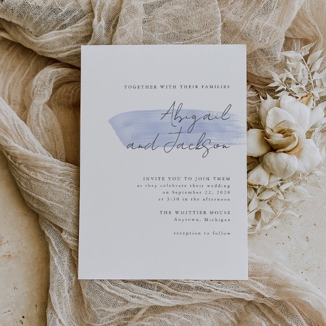 Convite Casamento Simples com Pinceladas de Azul Empoeirad (A simple, modern invitation for a wedding with a dusty blue color palette.)