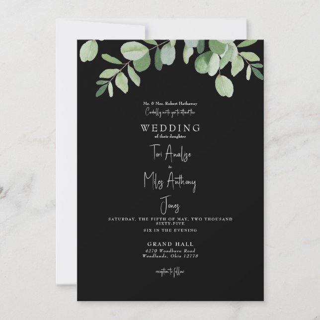 Convite Casamento Simples com Verde de Eucalipto Preto (Frente)