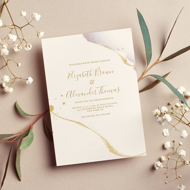 Convite Casamento simples de aquarela roxa e dourada (Simple purple watercolor and gold glitter wedding)