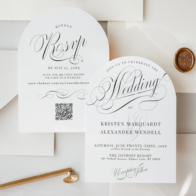 Convite Casamento Simples de Arco Preto e Branco Moderno E (Elegant simple minimalist script typography classic ivory and black QR code rsvp wedding invitation)