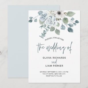 Convite Casamento Simples de Azul Floral e Eucalyptus