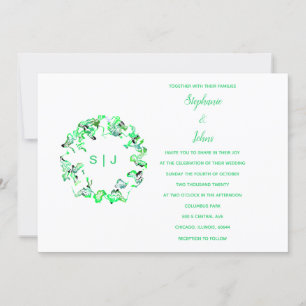 Convite Casamento Simples de Boho Branco Verde e Crest Mon