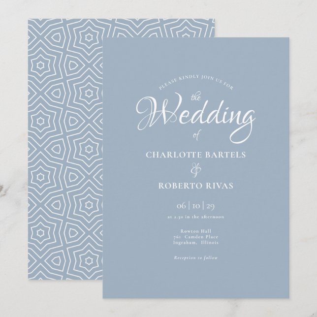 Convite Casamento Simples de Caligrafia Azul Empoeirado (Frente/Verso)