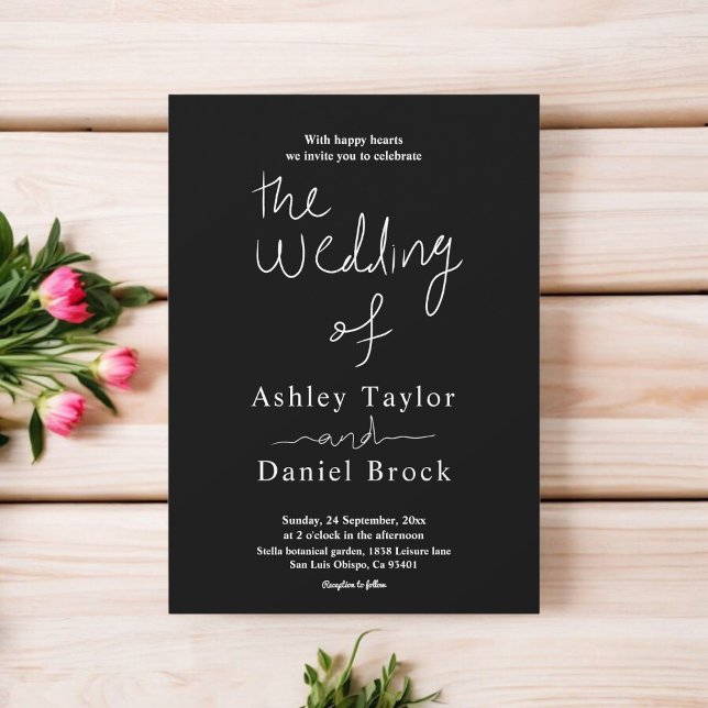 Convite Casamento Simples De Caligrafia Branca E Preta Ele (Criador carregado)