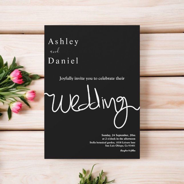 Convite Casamento Simples De Caligrafia Branca E Preta Ele (Criador carregado)