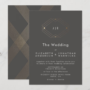 Convite Casamento Simples de Carvão Geométrico Dourado