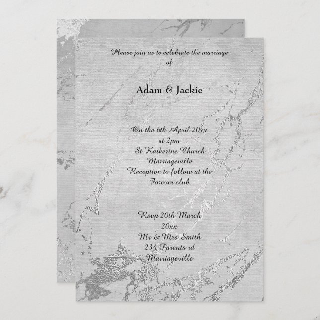 Convite Casamento Simples de cinza de Silver Marble (Frente/Verso)