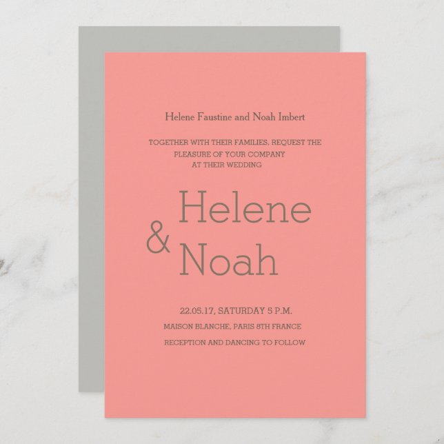 Convite Casamento simples de cinzas modernas de coral chic (Frente/Verso)