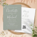 Convite Casamento Simples de Código QR Verde do Script Ele<br><div class="desc">Apresentando nomes de estilo de assinatura,  este convite elegante para casamento verde de sábio pode ser personalizado com todas as suas informações especiais sobre o dia do casamento na frente,  seus detalhes do site do casamento e seu código QR no verso. Projetado por Thisnotme©</div>