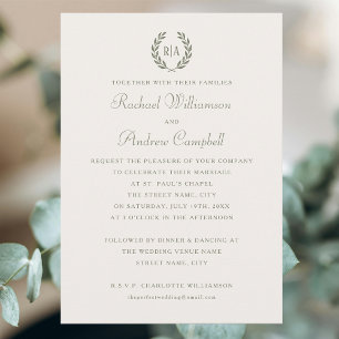 Convite Casamento Simples de Creme Verde Monograma