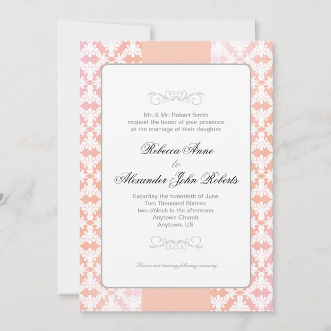 Convite Casamento Simples de Damask Rosa e Coral (Frente)