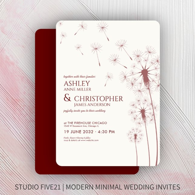 Convite Casamento Simples de Dandelion Vermelho Crimson (Criador carregado)