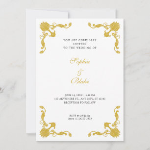 Convite Casamento simples de Deco de Arte Dourada e Branca