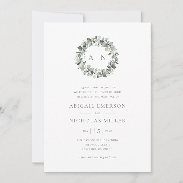 Convite Casamento Simples de Eucalipto em Aquarela (Frente)