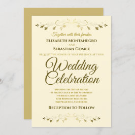 Convite Casamento Simples de Filigre Elegante Dourado e Cr