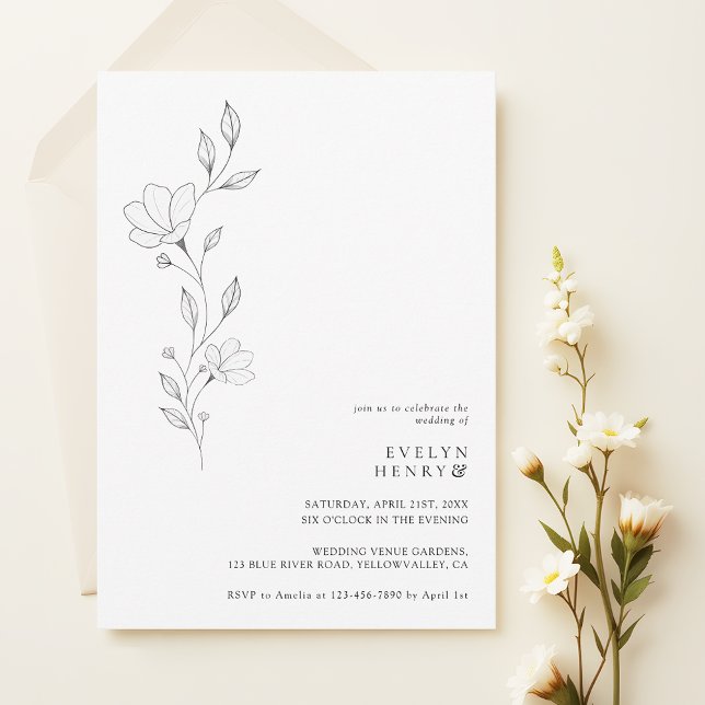 Convite Casamento Simples de Flor Silvestre Minimalista Ch (Criador carregado)