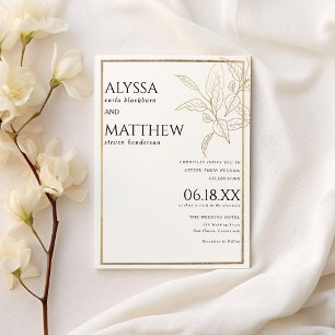 Convite Casamento simples de folhagem de luxo e ouro branc