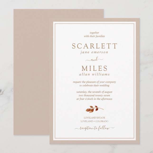 Convite Casamento Simples de Folhas de Outono (Frente/Verso)