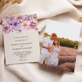 Convite Casamento Simples de Fotografias de Beige de Flor 