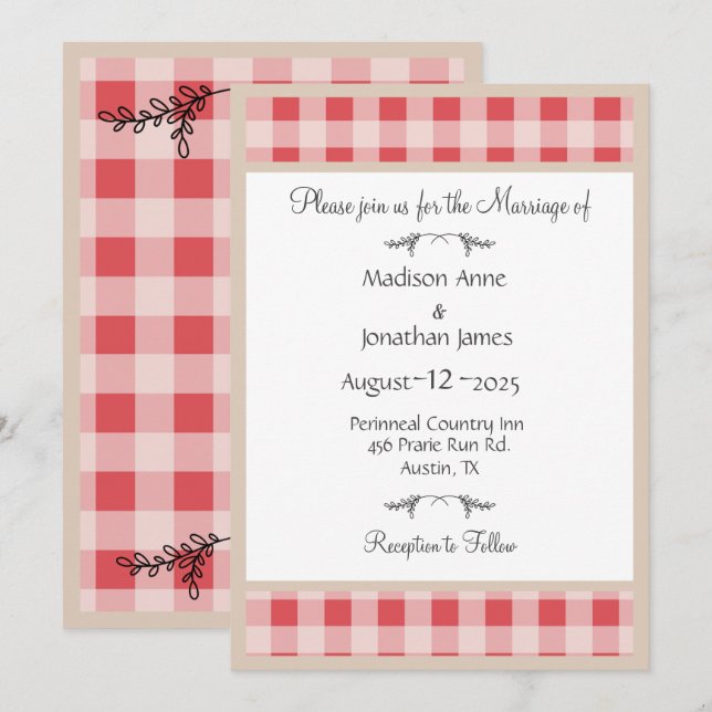 Convite Casamento Simples de Gingham Country Xadrez Burgun (Frente/Verso)