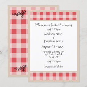 Convite Casamento Simples de Gingham Country Xadrez Burgun