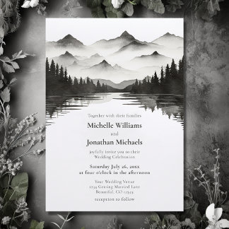 Convite Casamento Simples de Lago Black and White Mountain