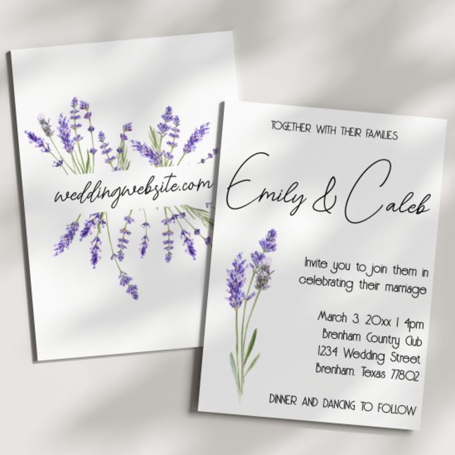 Convite Casamento simples de Lavanda de Aquarela (rustic country wedding invitation with watercolor lavender graphic and script writing. )