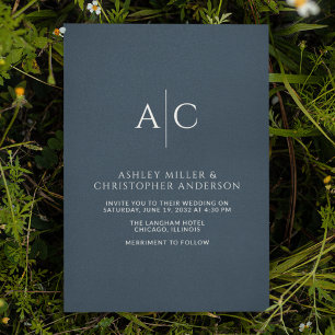 Convite Casamento simples de monograma azul Marinho