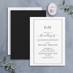 Convite Casamento Simples de Monograma Branco Branco Negro