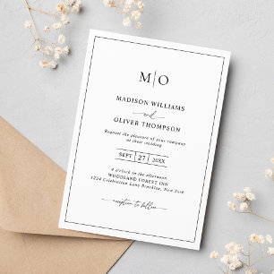 Convite Casamento Simples de Monograma de Borda Preta Quad