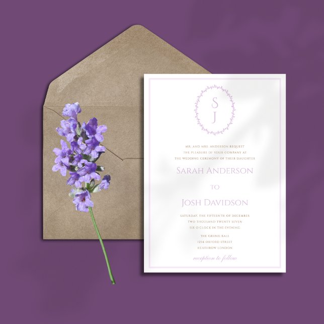 Convite Casamento Simples de Monograma de Lavanda (Criador carregado)