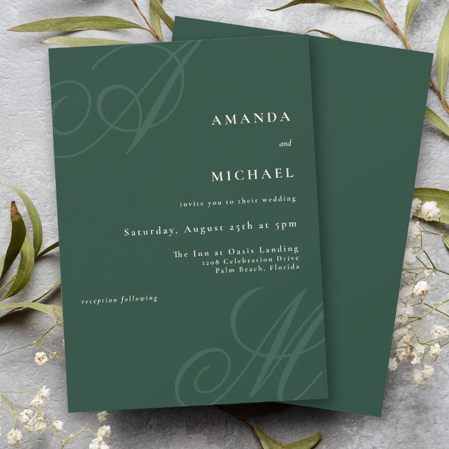 Convite Casamento Simples de Monograma Elegante Emerald Ve (Simple minimalist styling with elegant calligraphy monogram initials of the bride and groom.)