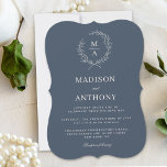 Convite Casamento Simples de Monograma marinho Azul<br><div class="desc">Uma escolha saborosa e clássica em convites para casamento, esta design transmite uma elegância simples no seu layout de texto e estilo de forma de colchete. Uma simples coroa aberta de folhas esboçadas envolve o monograma inicial da noiva e do noivo. O elegante e simples modelo de texto está pronto...</div>