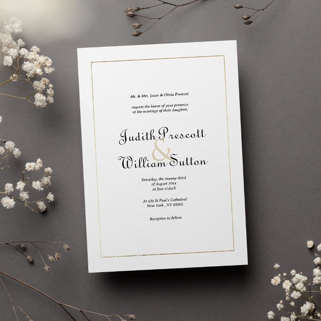 Convite Casamento simples de ouro branco com caligrafia vi (Simple white gold vintage calligraphy wedding)