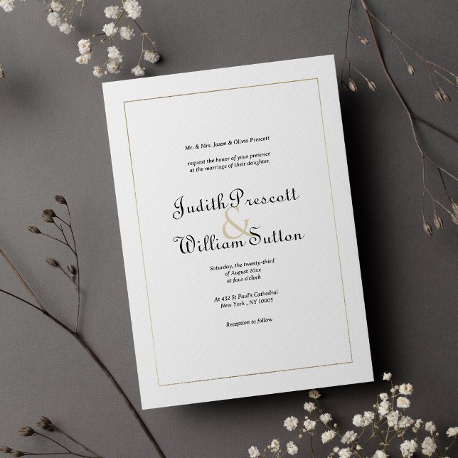 Convite Casamento simples de ouro branco com caligrafia vi (Simple white gold vintage calligraphy wedding )